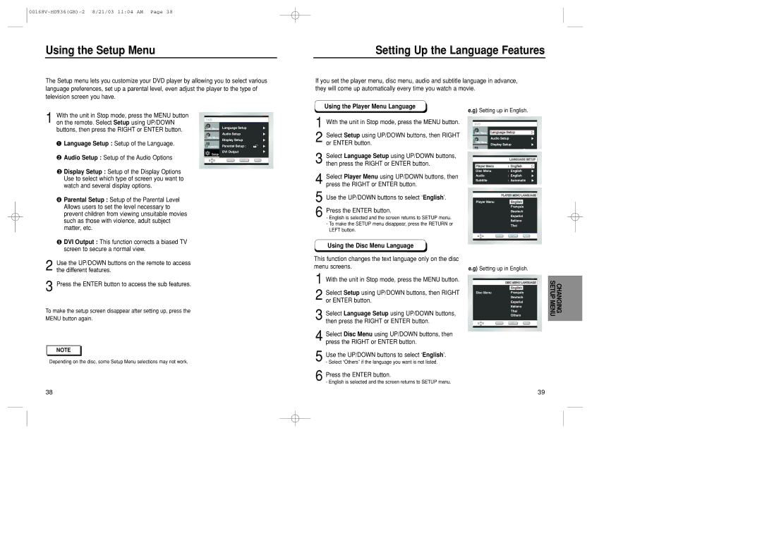 Samsung DVD-HD936/XSG manual Using the Setup Menu, Setting Up the Language Features, Using the Player Menu Language 