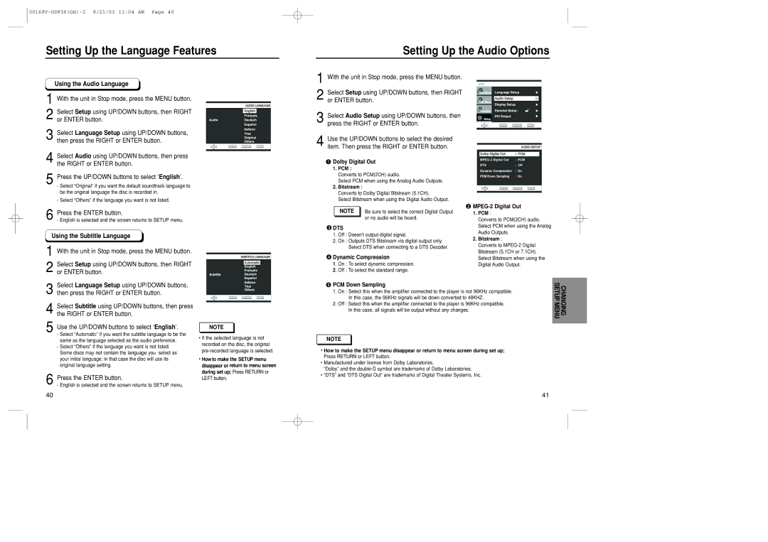 Samsung DVD-HD936/XSG manual Using the Audio Language, Using the Subtitle Language 