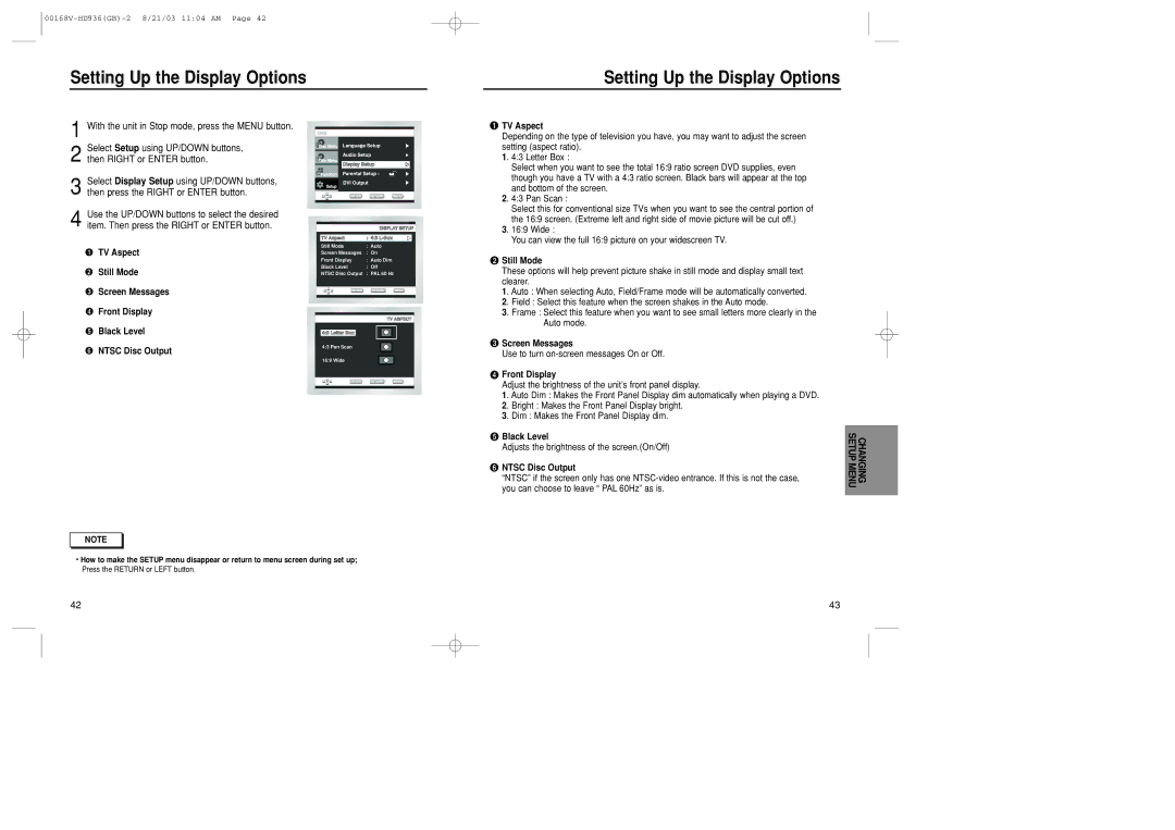 Samsung DVD-HD936/XSG manual Setting Up the Display Options, TV Aspect 