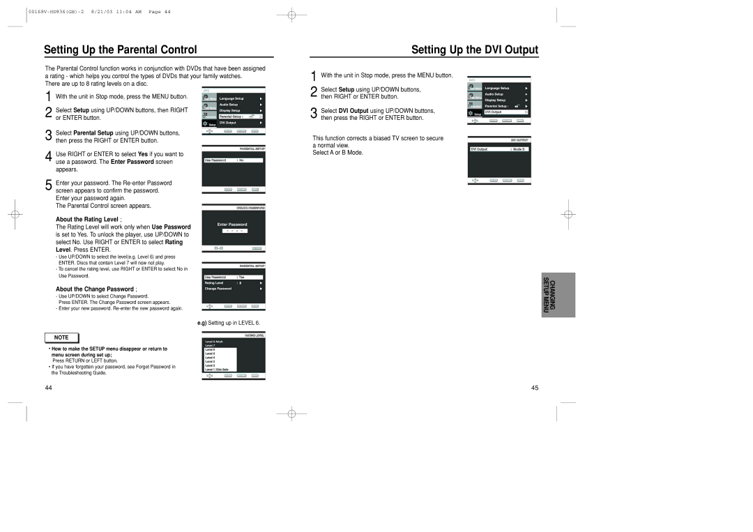 Samsung DVD-HD936/XSG manual Setting Up the Parental Control, Setting Up the DVI Output, About the Rating Level 