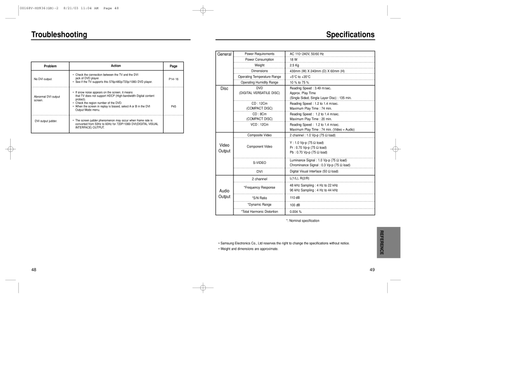 Samsung DVD-HD936/XSG manual Specifications, Video, Output, Audio, Problem Action 