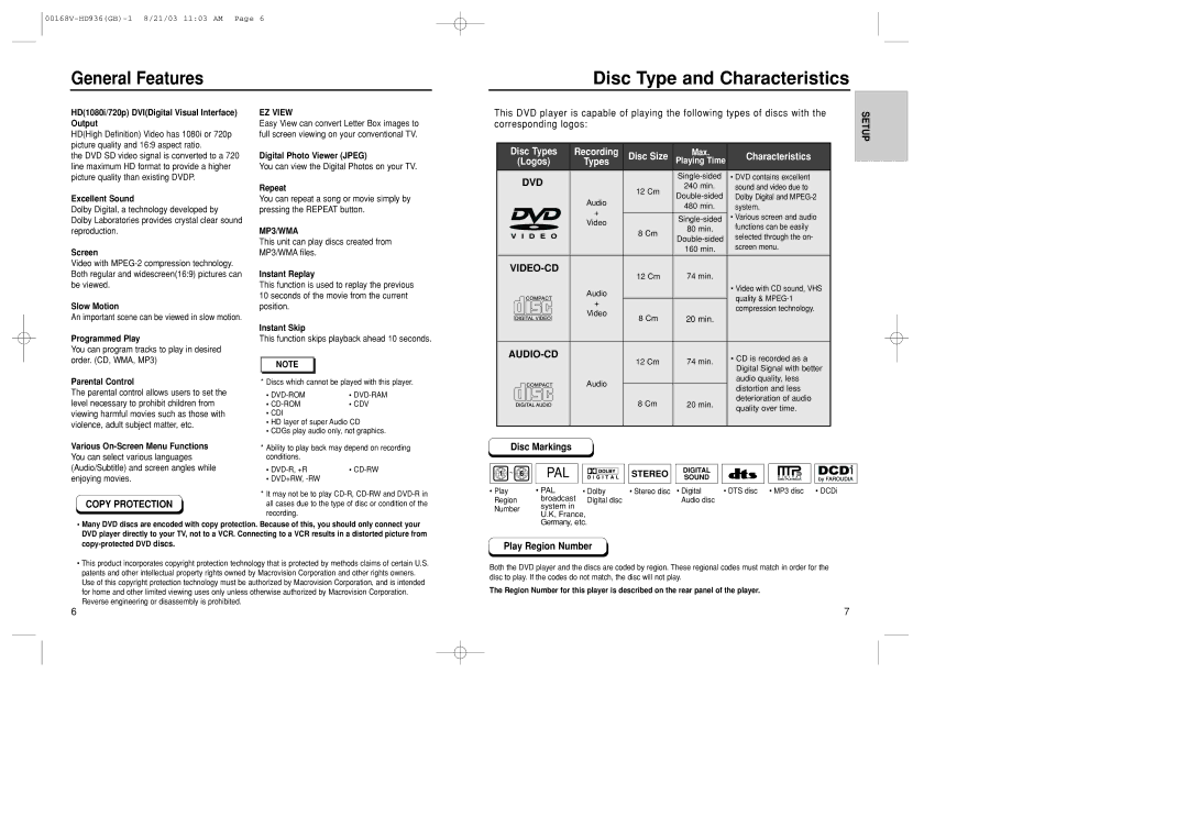 Samsung DVD-HD936/XSG manual General Features, Disc Markings, Copy Protection, Stereo, Play Region Number 