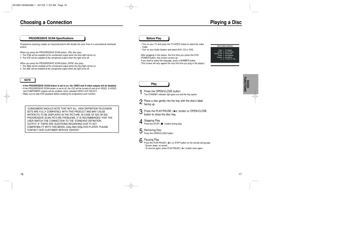 Samsung DVD-HD936/XSG manual Playing a Disc, Progressive Scan Specifications, Press the OPEN/CLOSE button, Removing Disc 