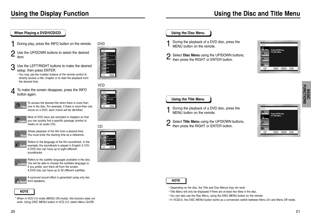 Samsung DVD-HD938 Using the Display Function Using the Disc and Title Menu, When Playing a DVD/VCD/CD, Using the Disc Menu 