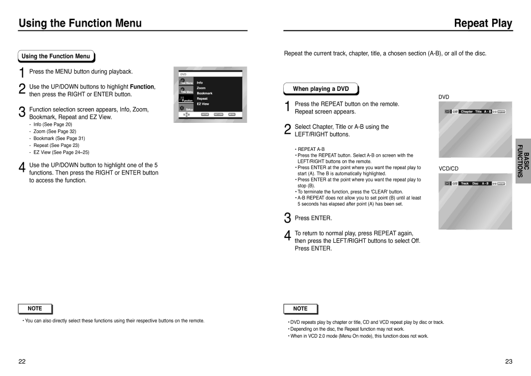 Samsung DVD-HD938 manual Using the Function Menu, Repeat Play, Press the Menu button during playback, When playing a DVD 