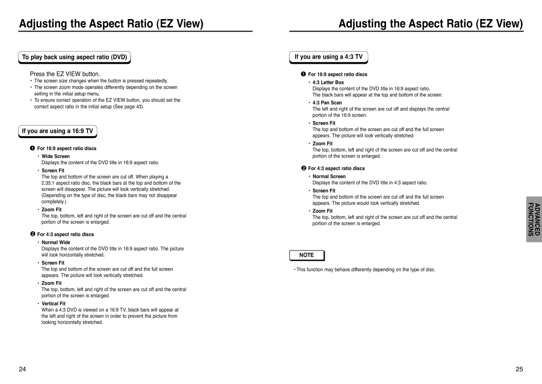 Samsung DVD-HD938 manual Adjusting the Aspect Ratio EZ View, To play back using aspect ratio DVD, Press the EZ View button 