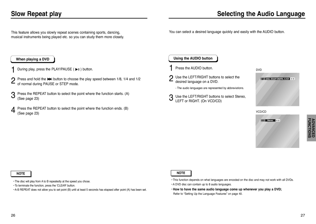 Samsung DVD-HD938 manual Slow Repeat play, Selecting the Audio Language, Using the Audio button, Press the Audio button 