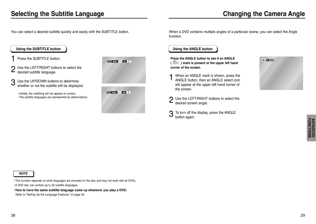 Samsung DVD-HD938 manual Selecting the Subtitle Language, Changing the Camera Angle, Using the Subtitle button 