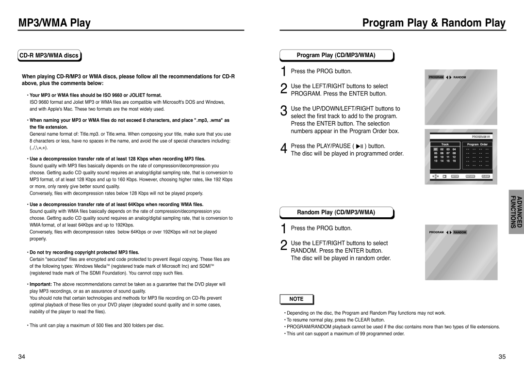 Samsung DVD-HD938 manual Program Play & Random Play, CD-R MP3/WMA discs, Program Play CD/MP3/WMA, Press the Prog button 