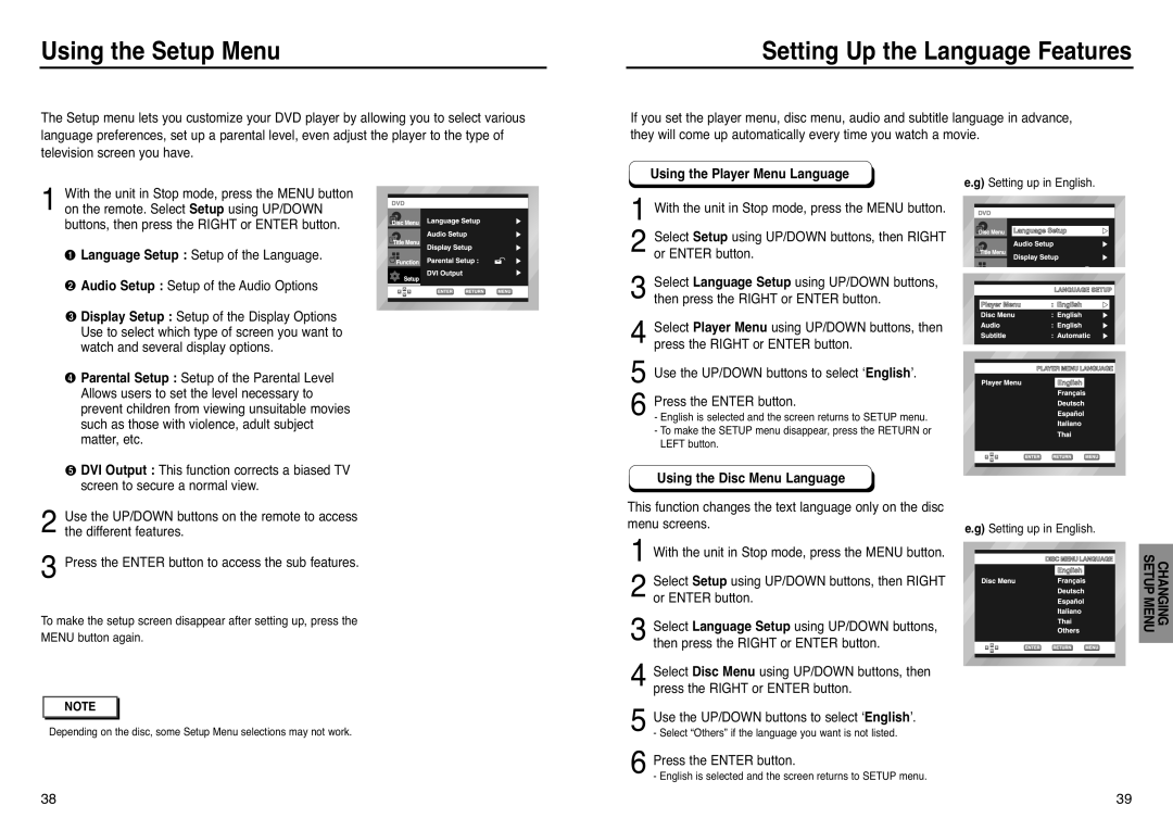 Samsung DVD-HD938 manual Using the Setup Menu, Setting Up the Language Features, Using the Player Menu Language 