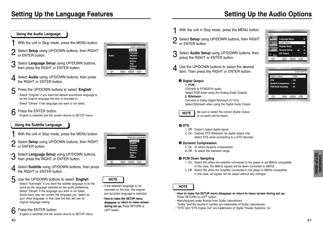 Samsung DVD-HD938 Setting Up the Audio Options, Using the Audio Language, Using the Subtitle Language, Pcm, Bitstream 