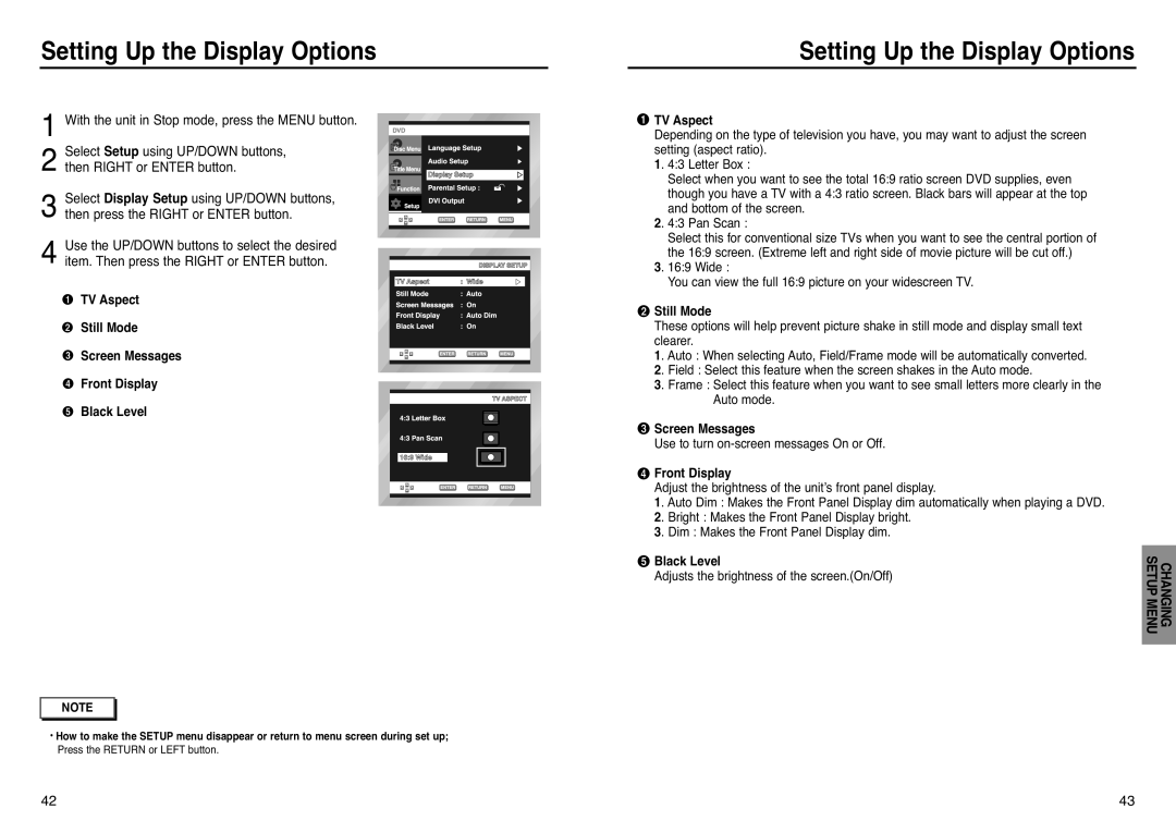 Samsung DVD-HD938 manual Setting Up the Display Options, With the unit in Stop mode, press the Menu button, TV Aspect 