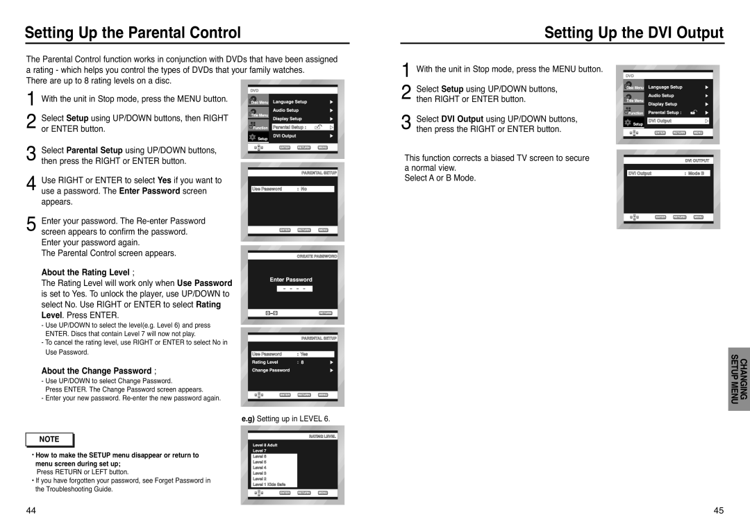 Samsung DVD-HD938 manual Setting Up the Parental Control, Setting Up the DVI Output, About the Rating Level 