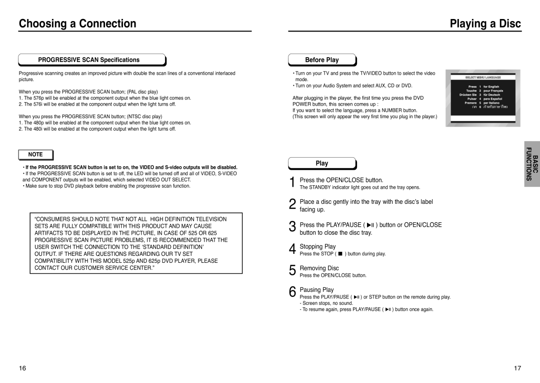 Samsung DVD-HD938 manual Playing a Disc, Progressive Scan Specifications, Press the OPEN/CLOSE button, Removing Disc 