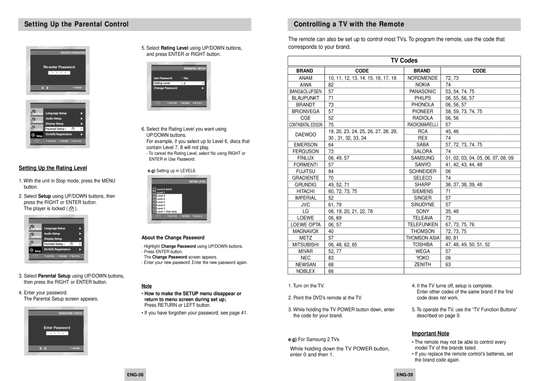 Samsung DVD-HD945/XEE manual Setting Up the Parental Control, Controlling a TV with the Remote, Setting Up the Rating Level 