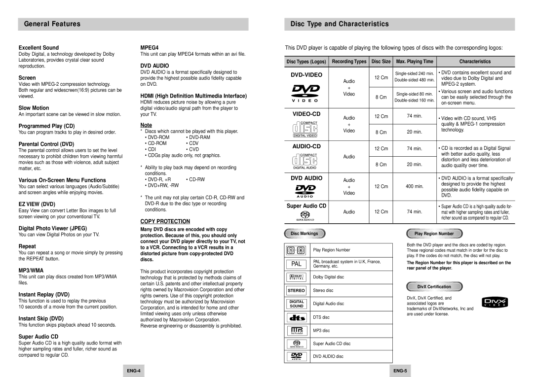 Samsung DVD-HD945/XEE manual General Features, Disc Type and Characteristics 