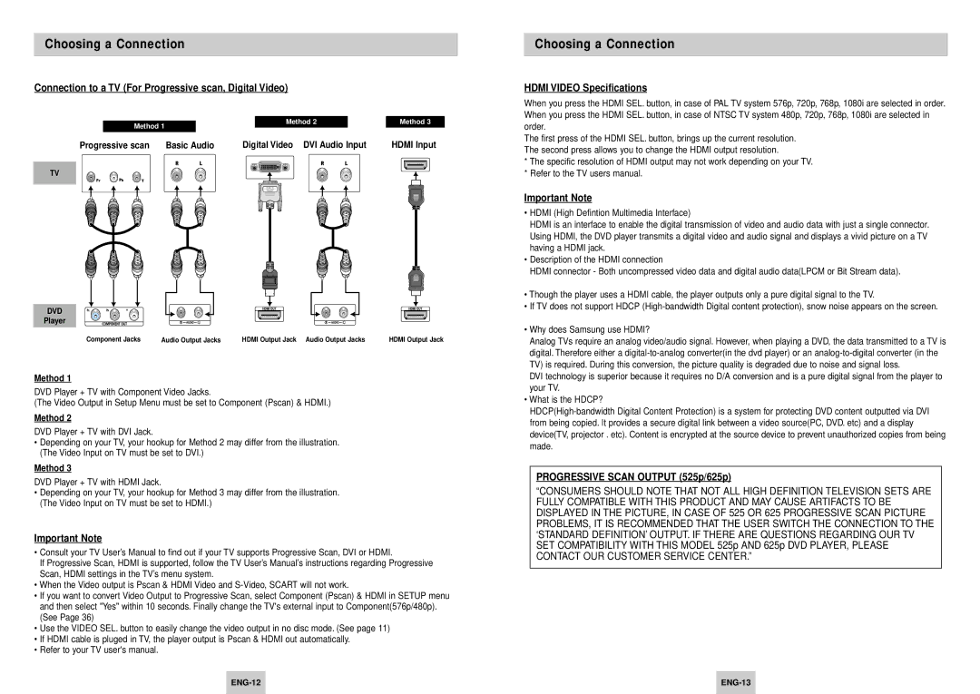 Samsung DVD-HD945/XEE Connection to a TV For Progressive scan, Digital Video, Hdmi Video Specifications, ENG-12 ENG-13 