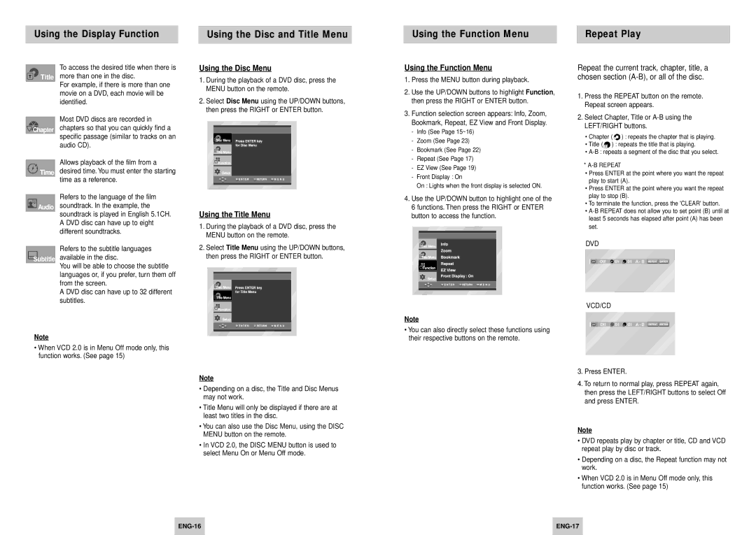 Samsung DVD-HD945/XEE manual Using the Disc Menu, Using the Title Menu, Using the Function Menu, Vcd/Cd 