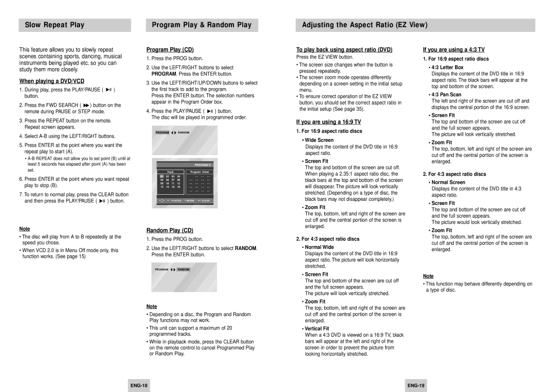 Samsung DVD-HD945/XEE manual When playing a DVD/VCD, Program Play CD, Random Play CD, To play back using aspect ratio DVD 