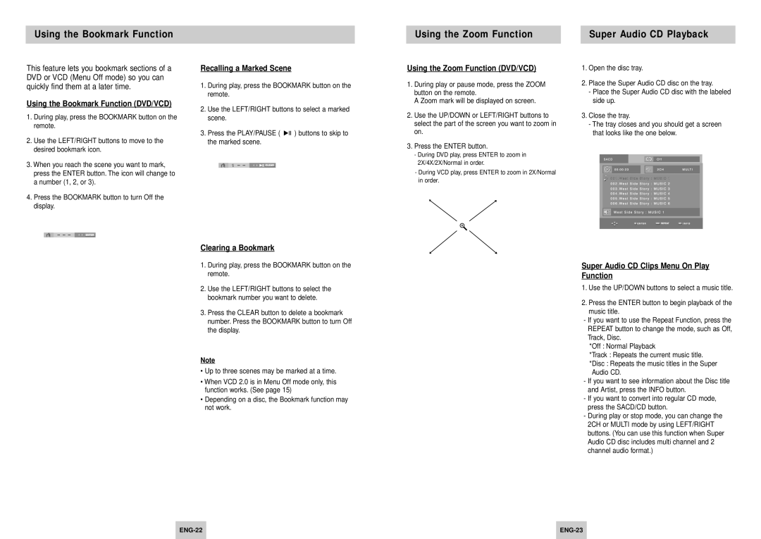 Samsung DVD-HD945/XEL, DVD-HD945/XEH manual Using the Bookmark Function DVD/VCD, Recalling a Marked Scene, ENG-22 ENG-23 