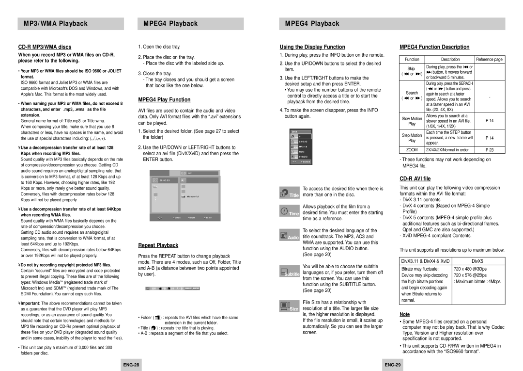 Samsung DVD-HD945/XEH, DVD-HD945/XEL manual MPEG4 Playback 