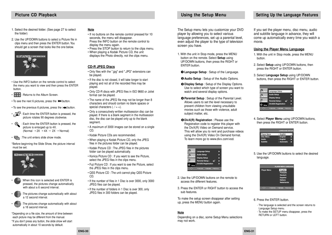 Samsung DVD-HD945/XEL manual Picture CD Playback Using the Setup Menu, CD-R Jpeg Discs, Using the Player Menu Language 