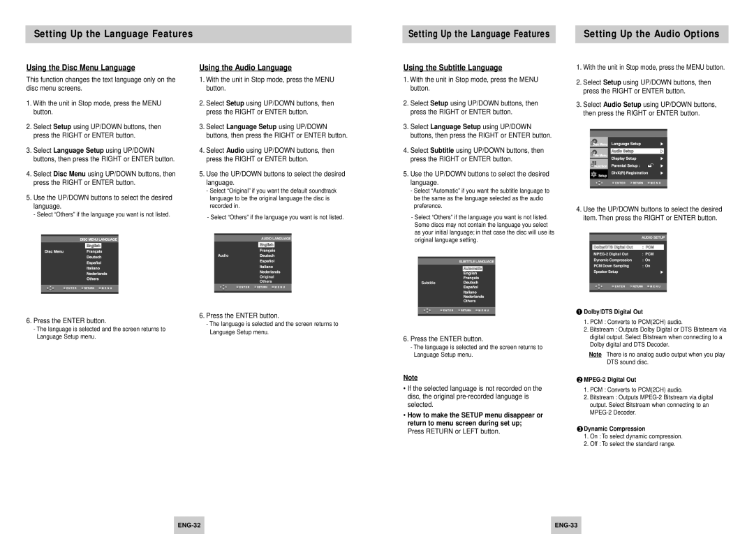 Samsung DVD-HD945/XEH manual Setting Up the Language Features, Setting Up the Audio Options, Using the Disc Menu Language 