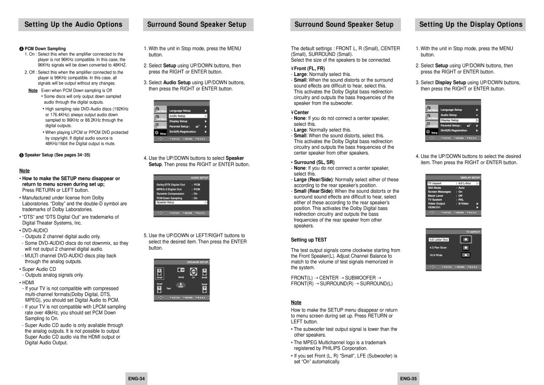 Samsung DVD-HD945/XEL manual Setting Up the Display Options, Front FL, FR, Center, Surround SL, SR, Setting up Test 