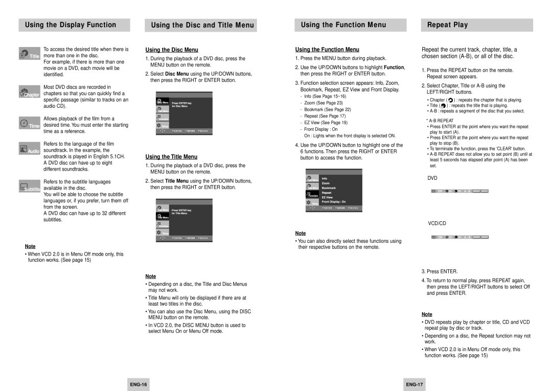 Samsung DVD-HD945/XEH, DVD-HD945/XEL manual Using the Disc Menu, Using the Title Menu, Using the Function Menu, Vcd/Cd 