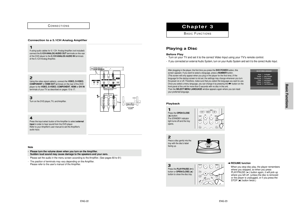 Samsung DVD-HD950 manual Playing a Disc, Connection to a 5.1CH Analog Amplifier, Before Play, Playback, Resume function 