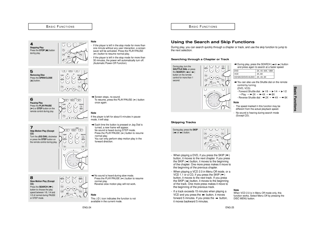 Samsung DVD-HD950 manual Using the Search and Skip Functions, Searching through a Chapter or Track, Skipping Tracks 