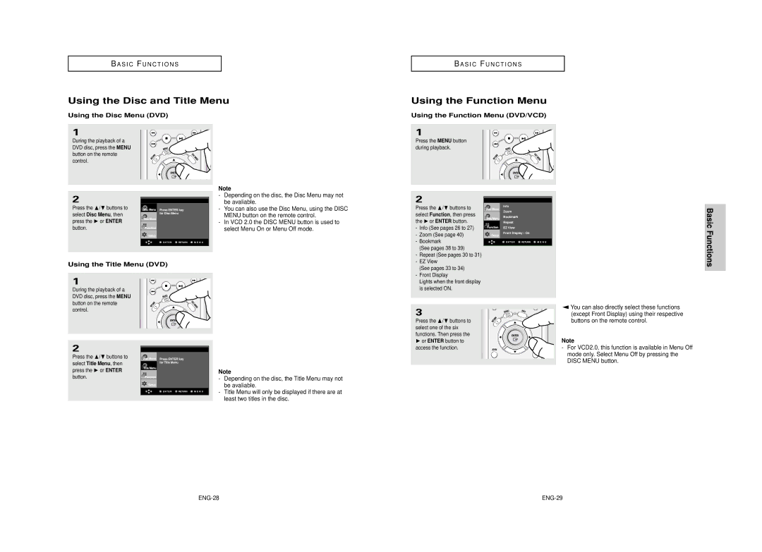 Samsung DVD-HD950 manual Using the Disc and Title Menu, Using the Function Menu, Using the Disc Menu DVD 