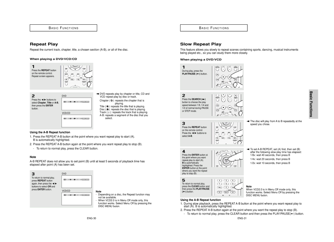 Samsung DVD-HD950 manual Slow Repeat Play, Basic Functions, Using the A-B Repeat function, Is automatically highlighted 