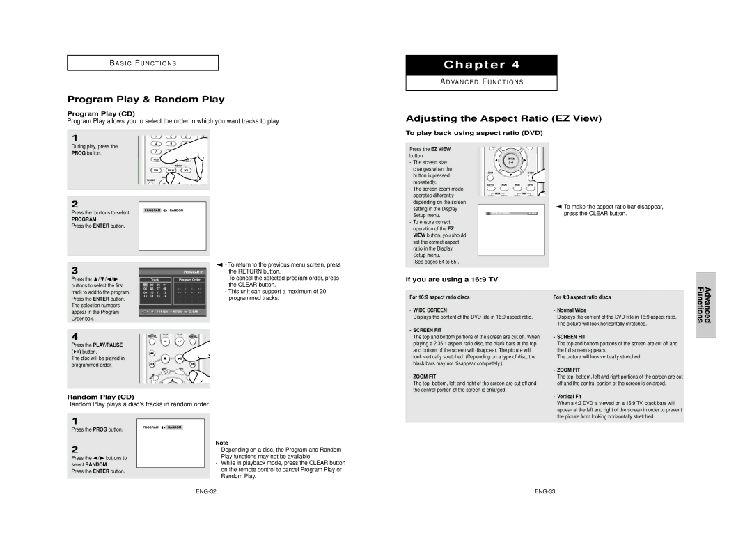 Samsung DVD-HD950 manual Program Play & Random Play, Adjusting the Aspect Ratio EZ View 