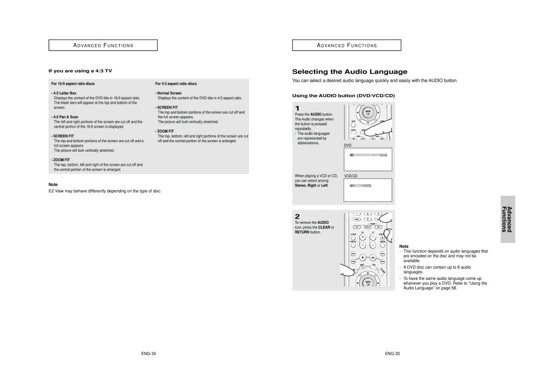 Samsung DVD-HD950 manual Selecting the Audio Language, If you are using a 43 TV, Using the Audio button DVD/VCD/CD, ENG-34 