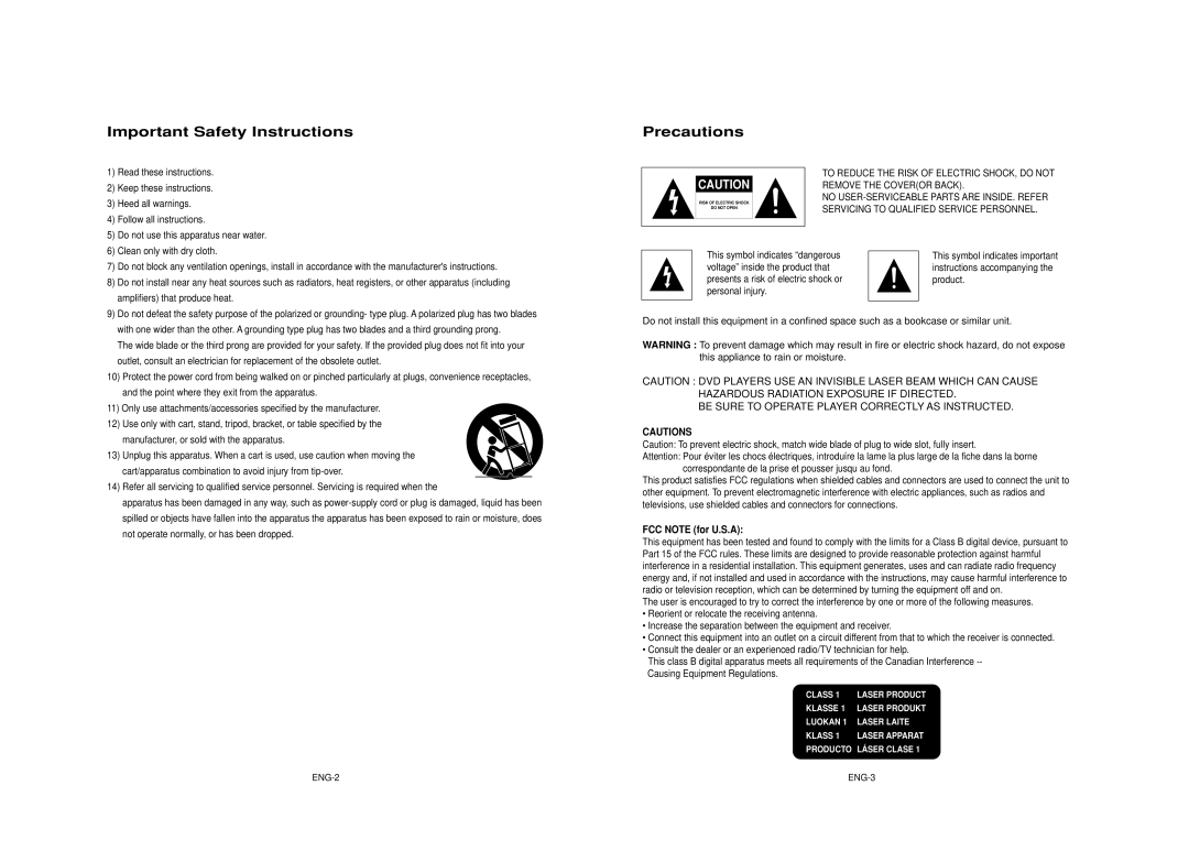 Samsung DVD-HD950 manual Important Safety Instructions, Precautions, Remove the Coveror Back, FCC Note for U.S.A 