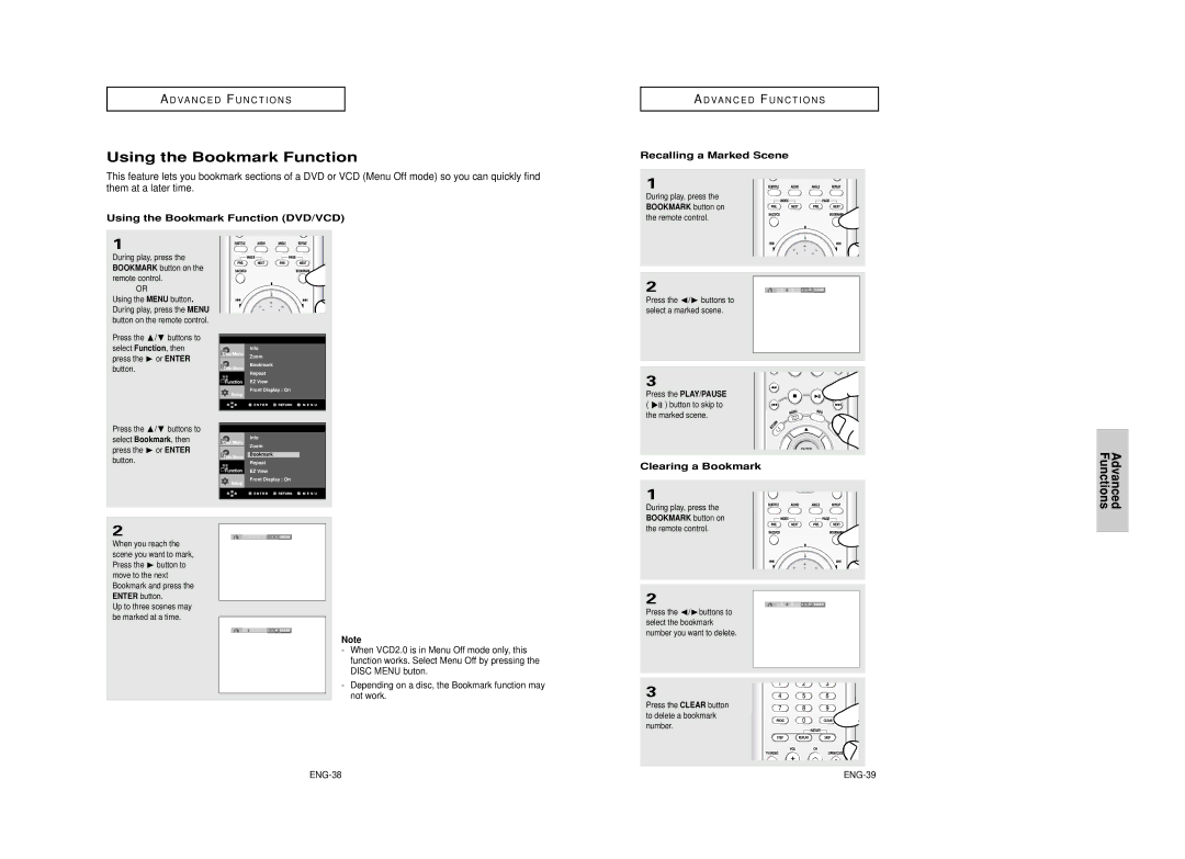 Samsung DVD-HD950 manual Using the Bookmark Function DVD/VCD, Recalling a Marked Scene, Clearing a Bookmark, ENG-38 