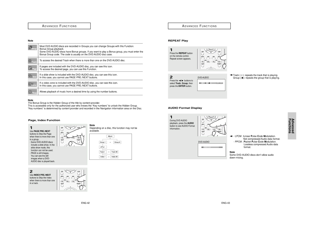 Samsung DVD-HD950 manual Repeat Play, Audio Format Display Page, Index Function 