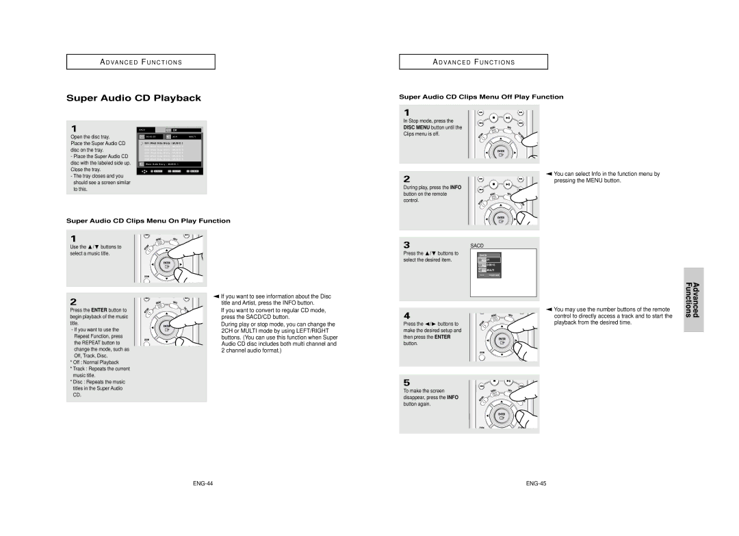 Samsung DVD-HD950 manual Super Audio CD Playback, Super Audio CD Clips Menu Off Play Function, ENG-44 