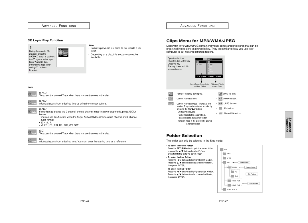 Samsung DVD-HD950 manual Clips Menu for MP3/WMA/JPEG, Folder Selection, Folder can only be selected in the Stop mode 