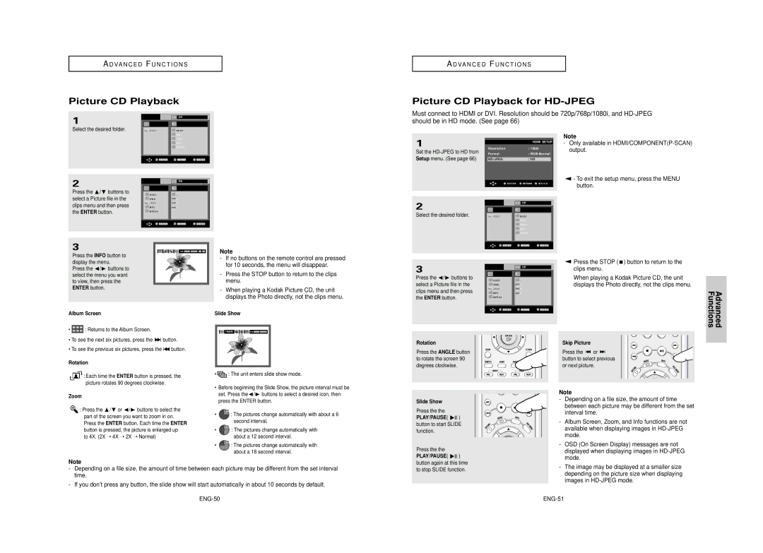 Samsung DVD-HD950 manual Picture CD Playback Picture CD Playback for HD-JPEG, Should be in HD mode. See 