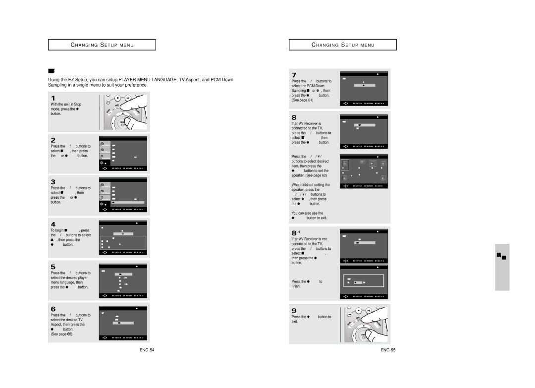 Samsung DVD-HD950 manual Setting up EZ-Setup, Changing Menu, ENG-54 