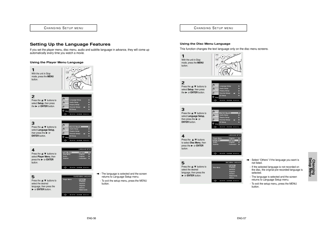 Samsung DVD-HD950 Setting Up the Language Features, Using the Disc Menu Language, Using the Player Menu Language, ENG-56 