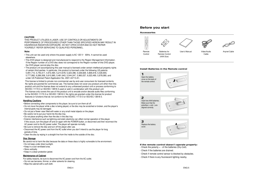 Samsung DVD-HD950 manual Before you start, Handling Cautions, Disc Storage, Maintenance of Cabinet 