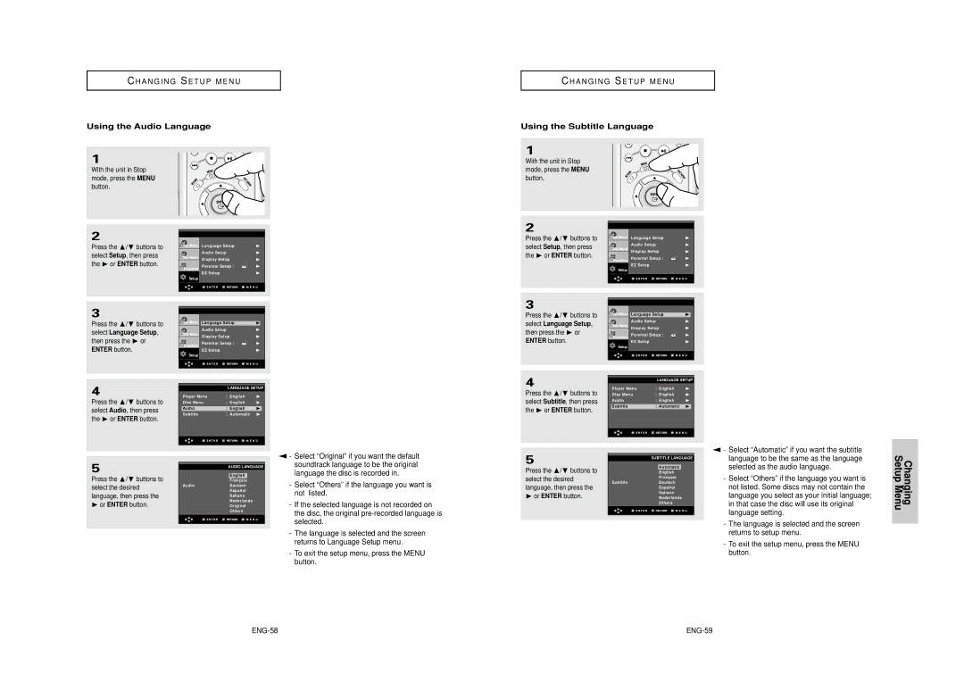 Samsung DVD-HD950 manual Using the Audio Language, Using the Subtitle Language, ENG-58, ENG-59 