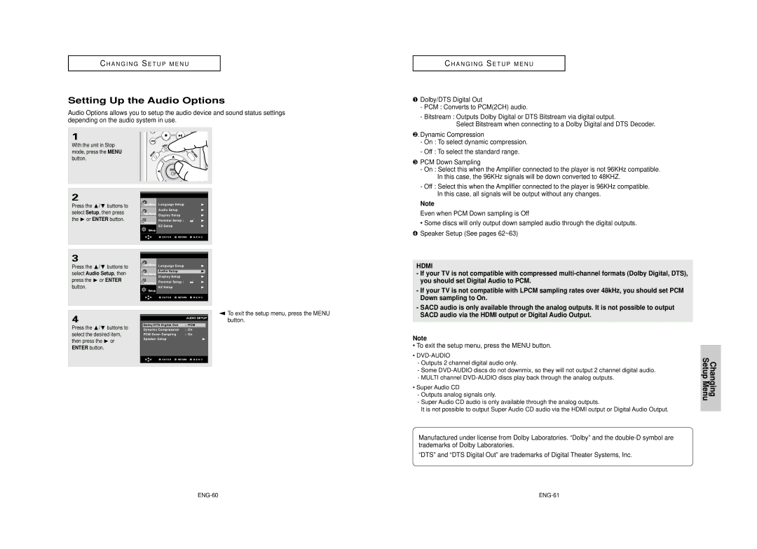 Samsung DVD-HD950 manual Setting Up the Audio Options, To exit the setup menu, press the Menu button, Changing, ENG-60 