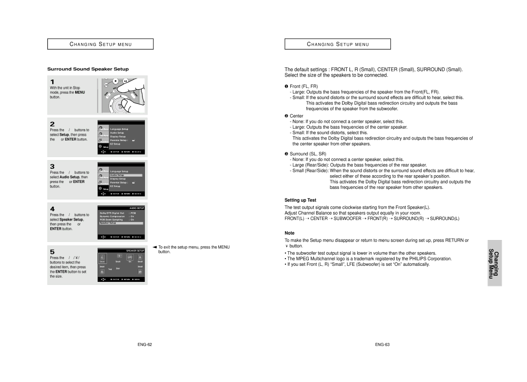 Samsung DVD-HD950 manual Setting up Test, Frontl Center Subwoofer Frontr Surroundr Surroundl, Surround Sound Speaker Setup 