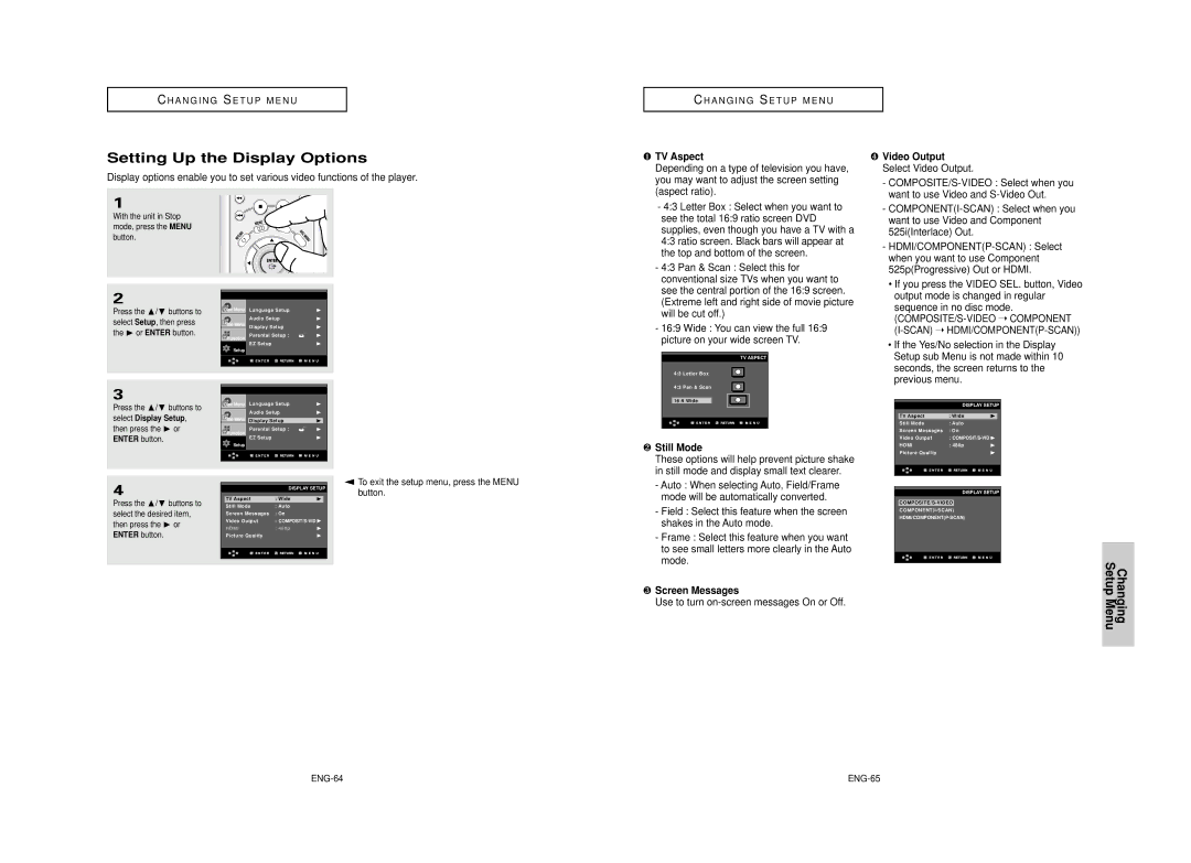 Samsung DVD-HD950 manual Setting Up the Display Options, ❶ TV Aspect, ❹ Video Output, ❷ Still Mode, ❸ Screen Messages 