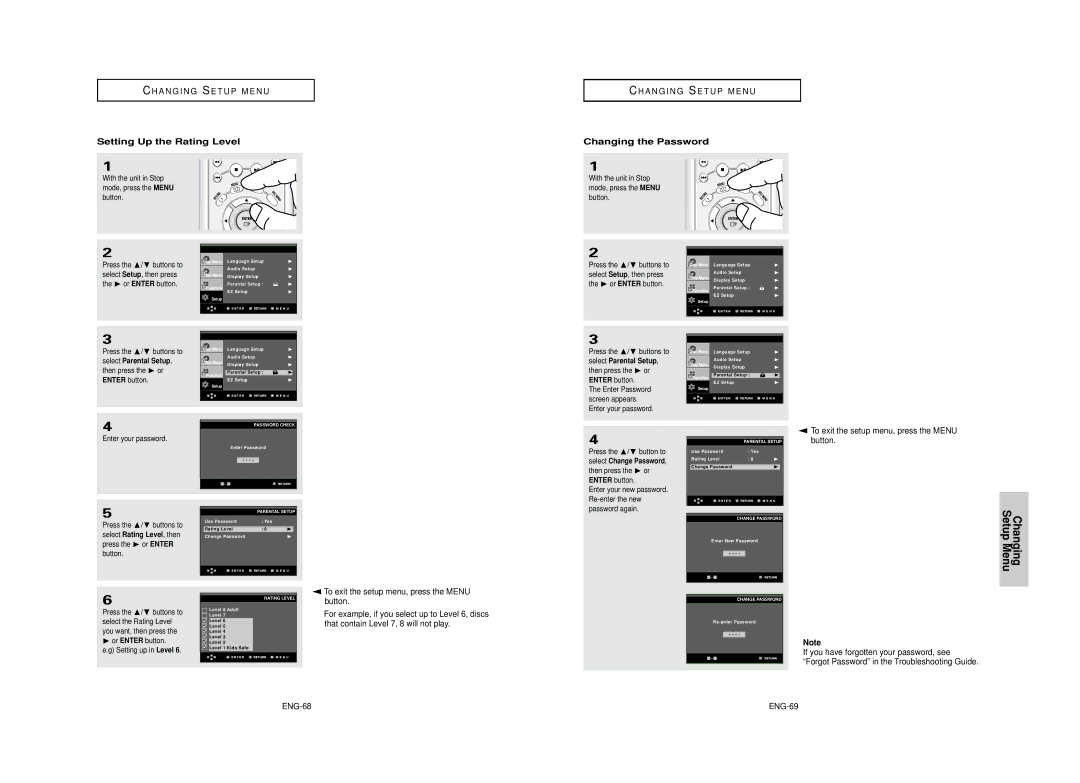 Samsung DVD-HD950 manual Setting Up the Rating Level, Changing the Password, ENG-68 