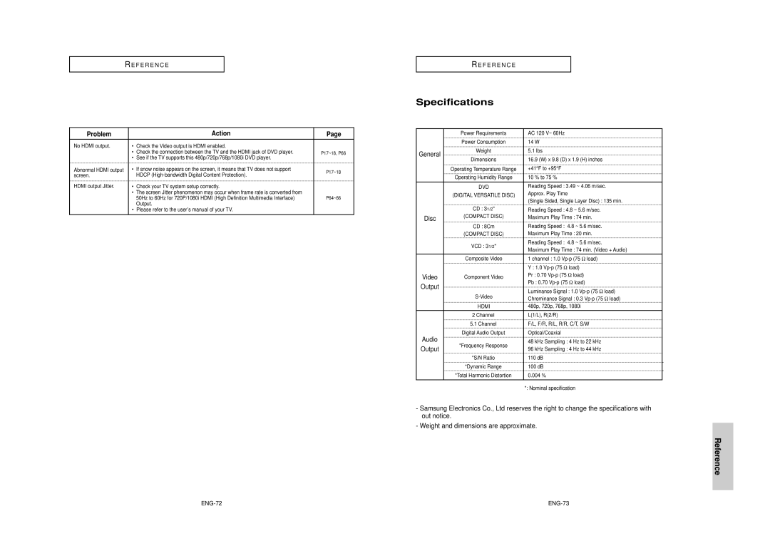 Samsung DVD-HD950 manual Specifications, Weight and dimensions are approximate, Video, Audio, ENG-72 